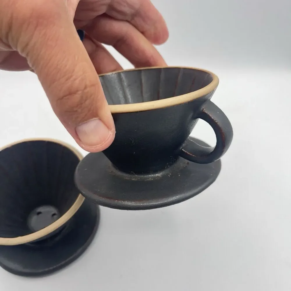 Stoneware Pour Over Drip Coffee Holder, Handmade, Thick Pottery - Set 2